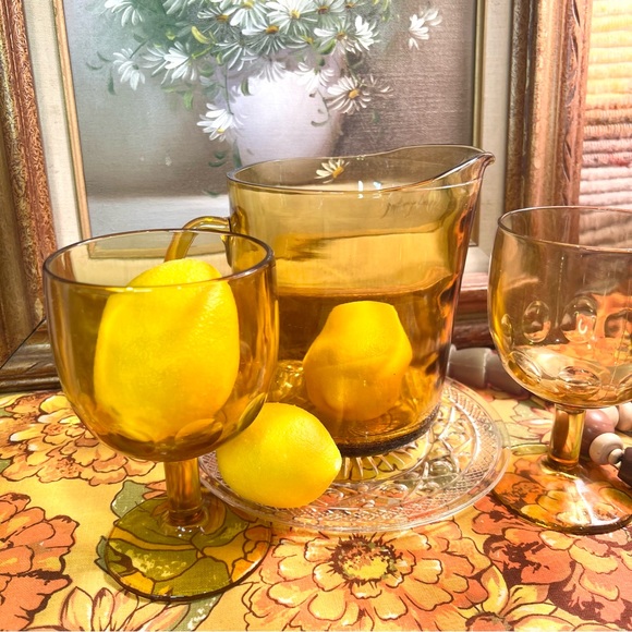 Vintage 1970s Amber Libbey Glass Hoffman House Goblets With Lemonade Pitcher